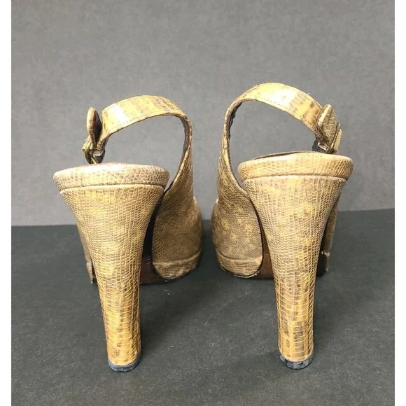 Stuart Weitzman Tan Textured Leather Slingback Peep Toe Heels Size 8W EUC - Picture 5 of 8